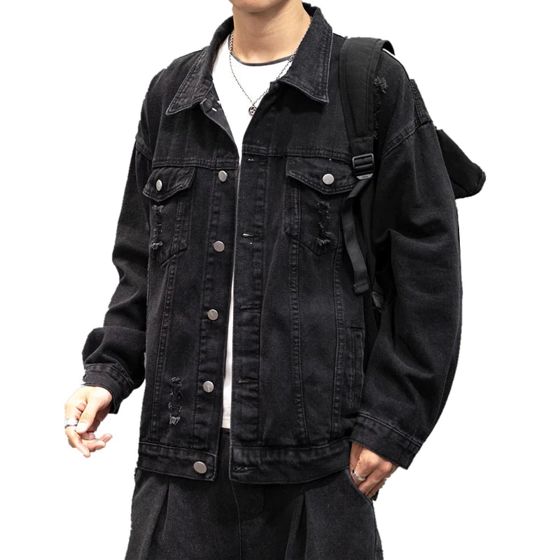 2026 New Men's Blue Denim Jacket, Single Breasted Lapel Casual Coat, Washed Hole Decoration Top,Black,Gray Jackets,Asian Size