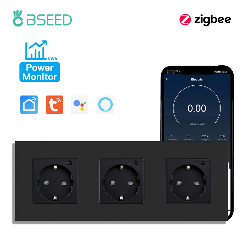 BSEED EU Standard Zigbee Wall Socket Smart Power Monitor Socket 220V 16A Plastic Panel Tuya Alexa Google Smart Life Control