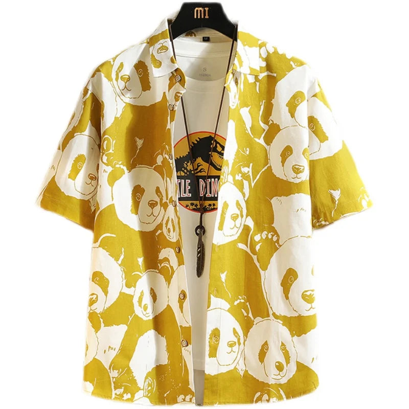 2026 Men's Blue Short-sleeved Shirt, Summer Cotton Shirts, White Yellow Single Breasted Lapel Top Chemise Giant Panda Pattern