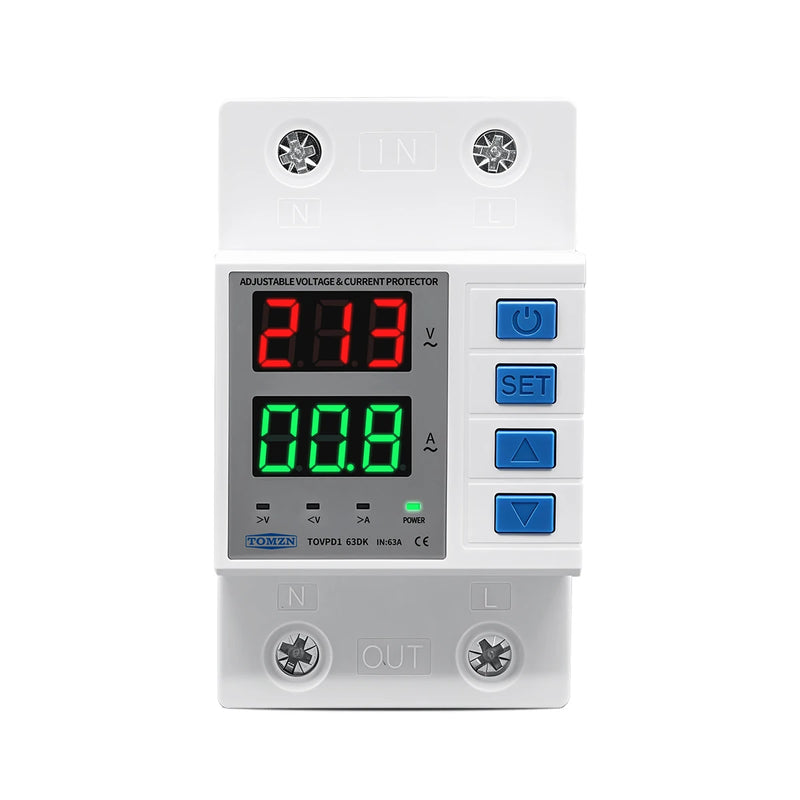 TOMZN Din Rail Adjustable Protector – Over/Under Voltage and Over Current Protection, Disconnects Both L and N AC110V/230V63A