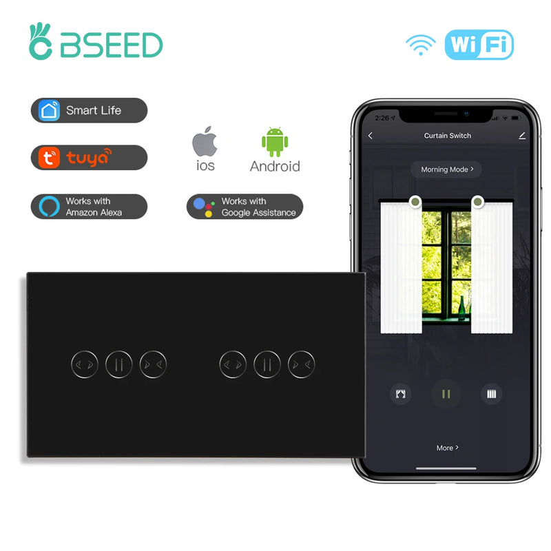 BSEED WiFi Curtain Switch Wireless Smart Touch Switch for Smart Life Tuya Alexa Blind Roller Shutter With Neutral Line