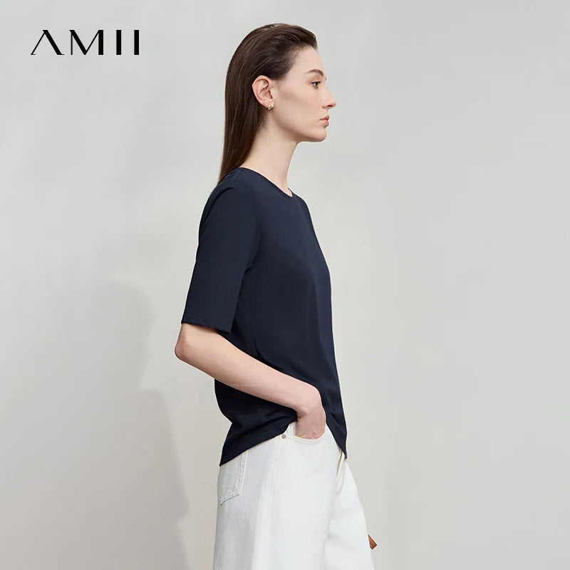AMII Minimalist Cotton Black T-Shirt for Women 2025 Office Lady O Neck Plain Knit Tee Tops Female Clothes Summer Wear 12522172