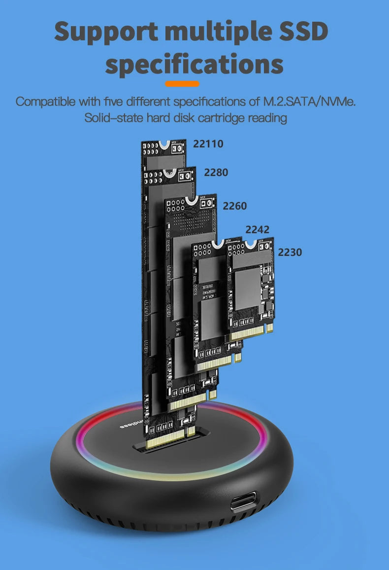 ស្ថានីយ៍ចត SSD M.2 ពិធីការពីរ Blueendless ភ្លើង LED RGB M.2 SATA USB C SSD Case NVME+NGFF HDD SSD Docking Station រឹងមាំ