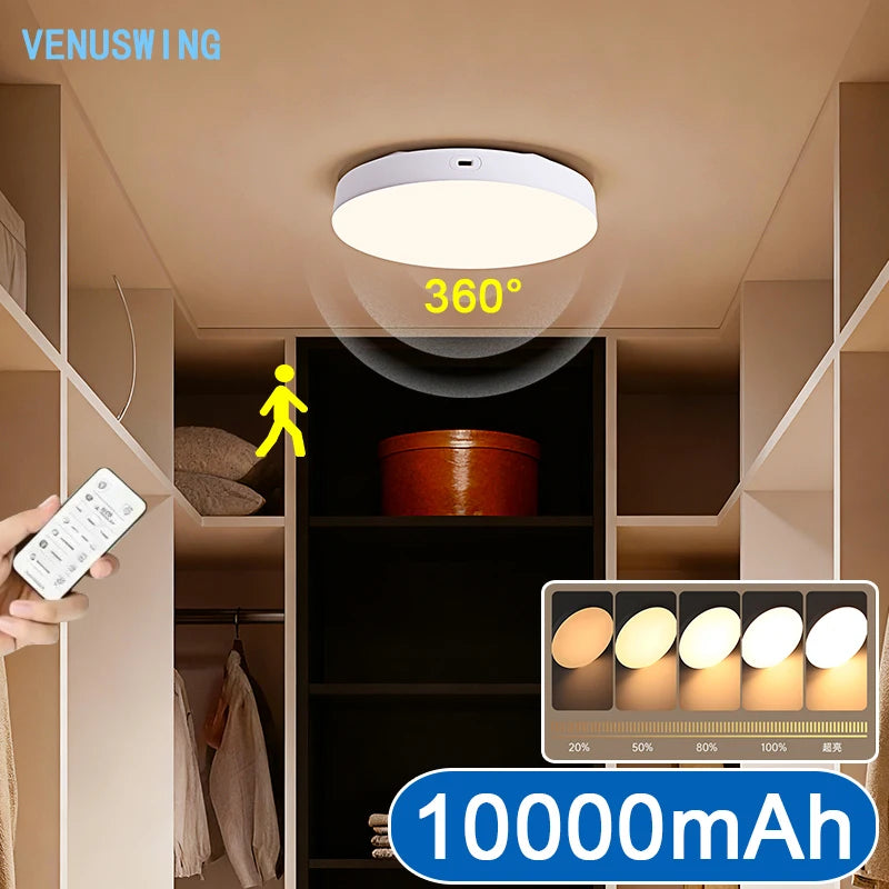 ភ្លើងពិដាន LED 10000mAh អាចសាកបាន ឧបករណ៍ចាប់សញ្ញាចលនារ៉ាដា ភ្លើងជញ្ជាំងអាចបន្ថយពន្លឺបាន ភ្លើងពេលយប់សម្រាប់ទូខោអាវ បន្ទប់ទឹក ច្រកផ្លូវ