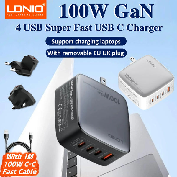 ឆ្នាំងសាក LDNIO 100W GaN USB C Adapter សម្រាប់ធ្វើដំណើរ រន្ធច្រើន ប្រភេទ C ឆ្នាំងសាកកុំព្យូទ័រយួរដៃ សម្រាប់ MacBook iPad iPhone រន្ធដោត US EU UK