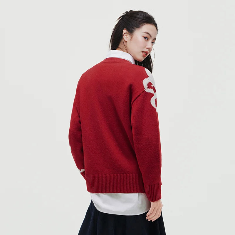 Semir Red Sweater Women 2026 Spring Soft Casual Fashion Comfortable Knitwear Basic Versatile Stylish Daily Wear Top