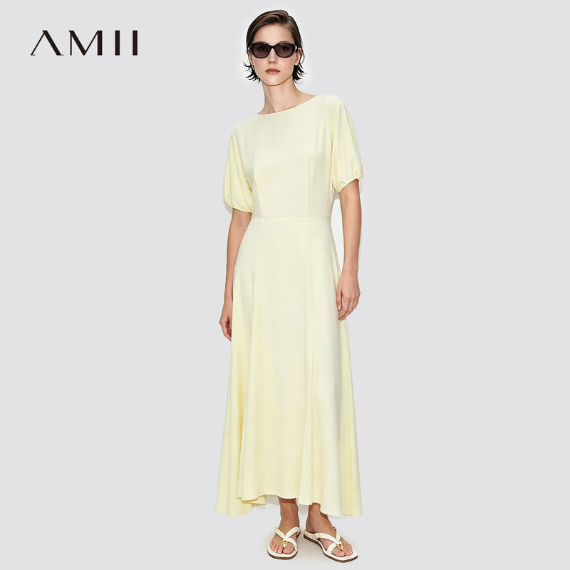 Amii Women's Casual Dresses 2026 Summer New O-Neck Short Sleeve Button Casual Fitted Waist A-Line Long Dress For Women 12642185