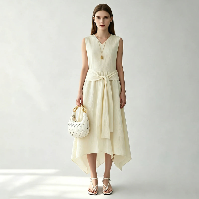 Amii 2026 Summer New Women Sleeveless Dress A-Line V-Neck Tie Waist Crinkled Texture Asymmetrical Hem Casual Midi Dress 12652074