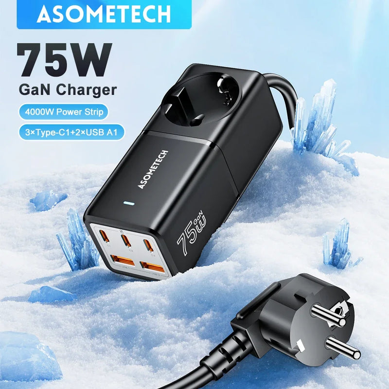 ឆ្នាំងសាកលឿន GaN Desktop 75W QC4.0 3.0 PD3.0 ស្ថានីយ៍សាកសម្រាប់ iPhone 14 13 Pro Max Xiaomi Samsung MacBook Laptop