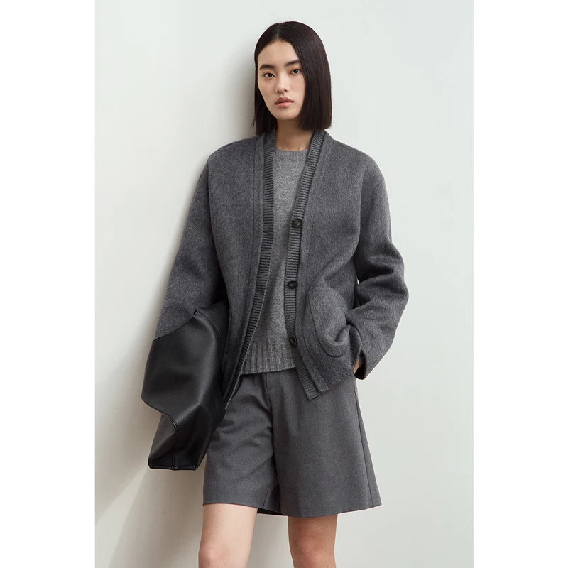 AMII Winter Clothes Women 2026 Sweater Cardigan Women Coat Winter Jacket Woman Long Sleeve Top Spliced V-neck Loose 12423086