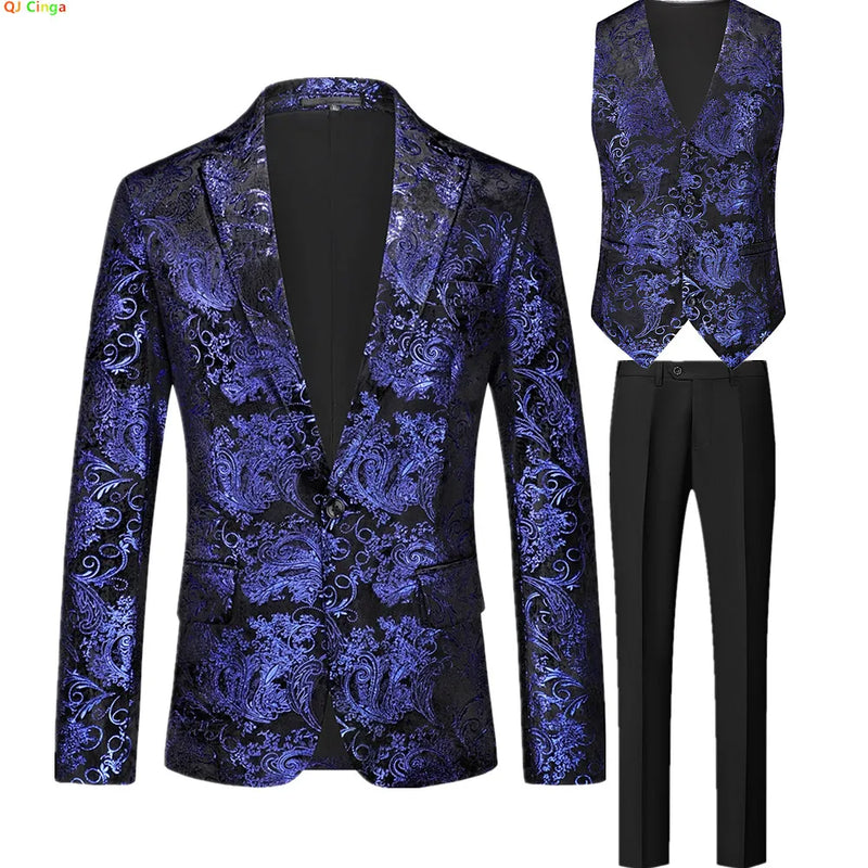2026 Spring New Men's Three-Piece Suit: Gold-Print Decorated Jacket and Vest Paired with Black Trousers, Asian Fit Slim Cut.