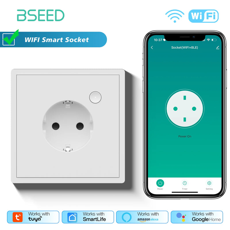 BSEED WIFI Button Switch 1/2/3/4Gang 2Way Smart Click Switch Smart EU Socket Plastic Frame Tuya Smart Life Alexa Voice Control
