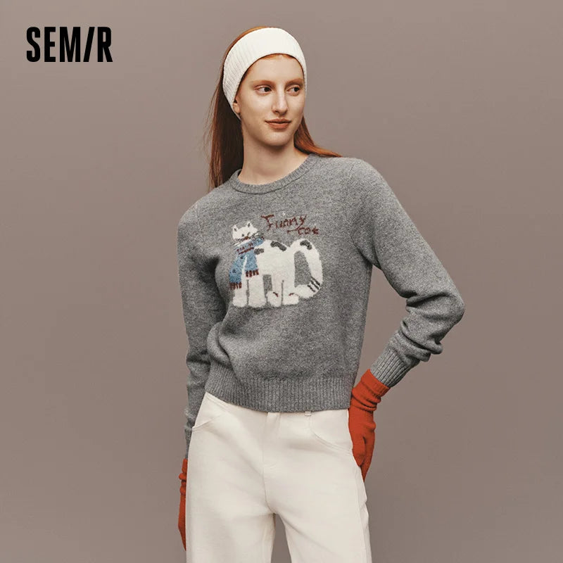 Semir Jacquard Sweater Cute Animal Design Women 2025 Winter Soft Knitwear Creative Look Cozy Style Casual Pullover Top