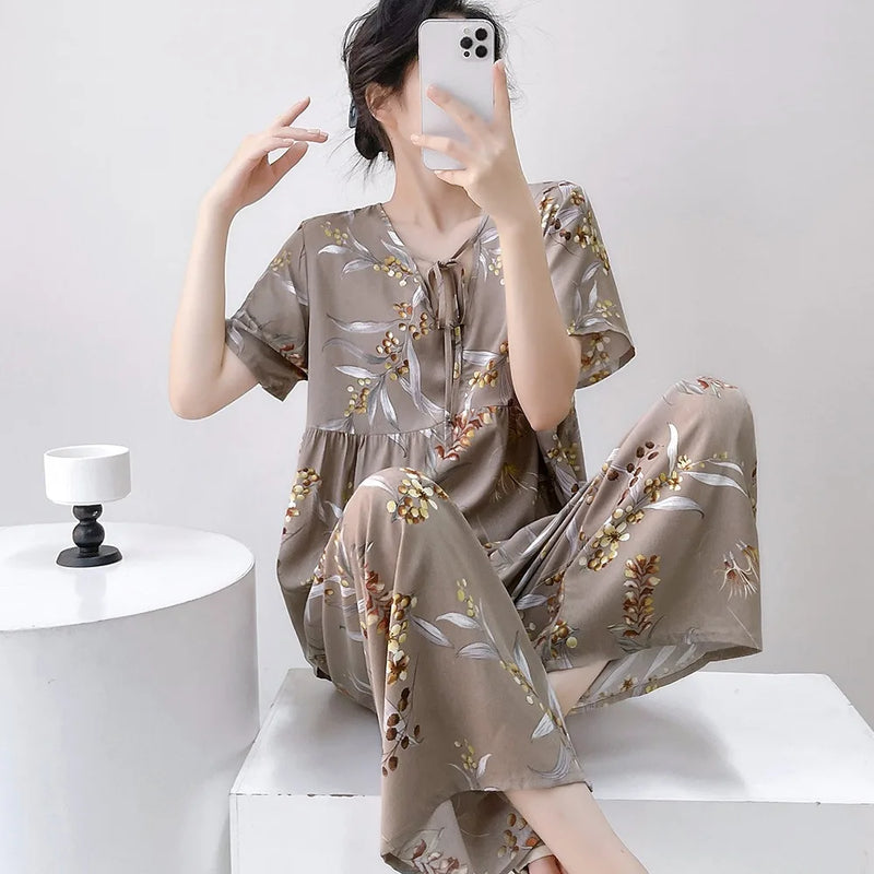 Women’s Summer Pajamas 2 Piece Sets Night Wear for Ladies Short Sleeve Sleepwear Homewear Floral Sleeping Wear for Woman Pijama
