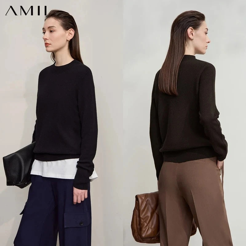 AMII Women's Sweater Semi-turtleneck Knitted Wool Pullover for Woman 2026 Winter New Versatile Long Sleeves Top Female 12543194