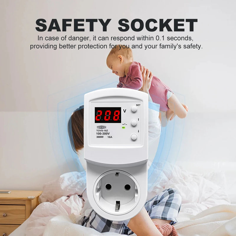 TOMZN TOVS-16Z Automatic Voltage Protector Socket – AC 220–230V, 16A, EU Plug, Overvoltage & Undervoltage Protection