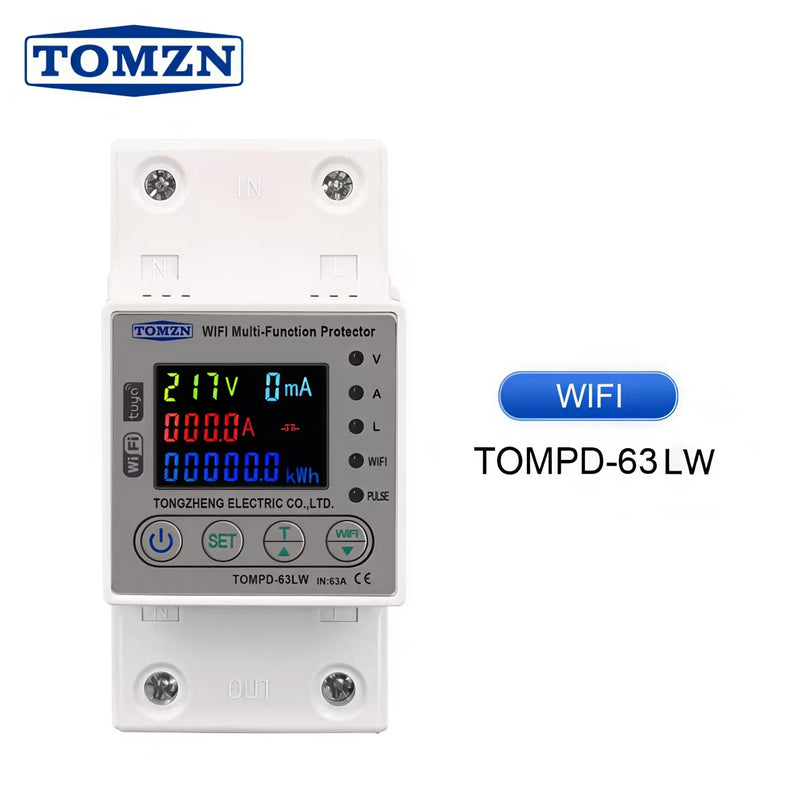 TOMZN 63A WIFI Smart Switch TUYA Energy Meter Kwh Metering Circuit Breaker Timer with Voltage Current and Leakage Protection
