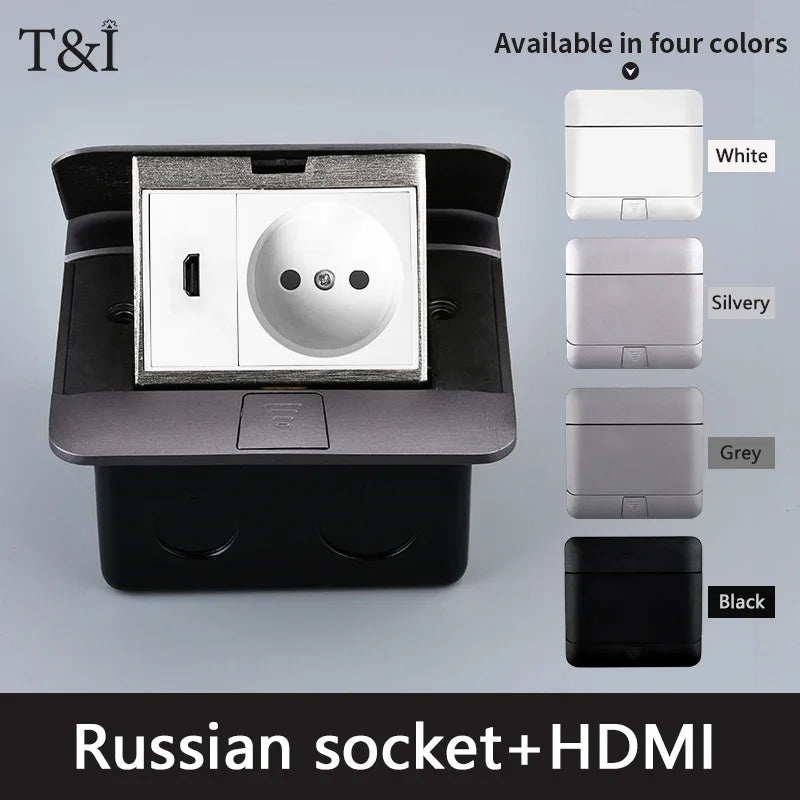 Metal Panel EU Standard Hidden Type Table Socket 2/3 Way Outlet USB/EUR/Universal/FR Office Cabinet Desktop Aluminum 120x120mm