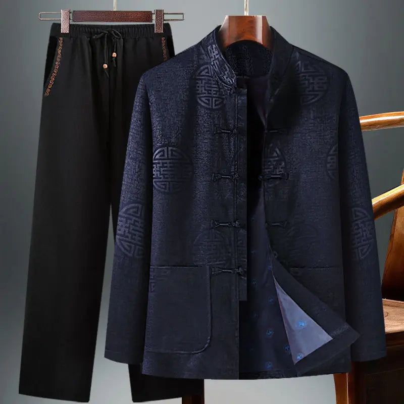 Chinese-style Men's Two-piece Set: Red Jacquard Jacket Paired with Black Embroidered Pants (available in A Thicker Version)