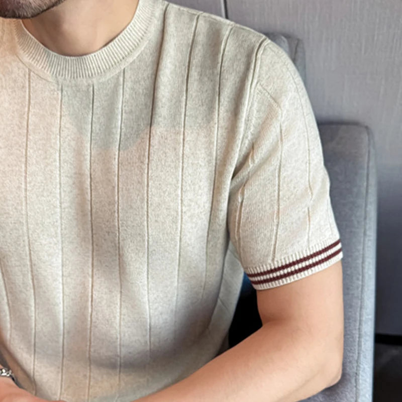 Men's Natural Linen Short Sleeve Knit Shirt - Cool Breathable Ribbed Crew Neck Top with Smooth Texture & Shape Retention
