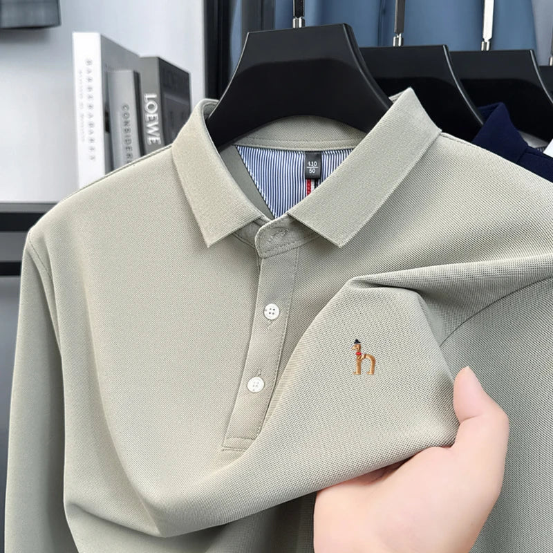 High Quality Men Long Sleeved Polo Shirt Lapel Button Exquisite Embroidery Not Deformed Autumn Winter Business Casual Men's Wear