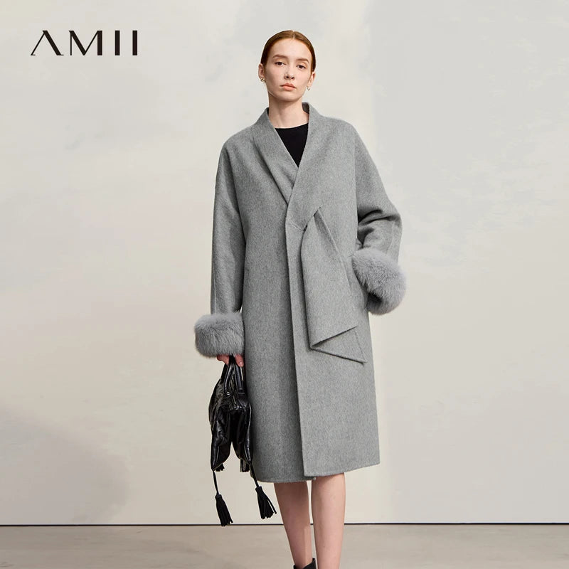 Amii Wool Coat For Woman Loose Warm Long Women's Coat Drop-shoulder Sleeves Elegant V-Neck 2026 Winter New Double-sided 12554029