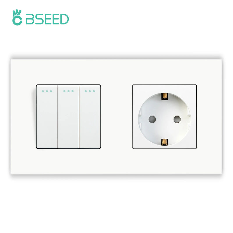 BSEED Mechanical Button Switch 1/2/3Gang 1Way Plus Wall Socket Power Outlets Plastic Panel Wall Light Switch On Off