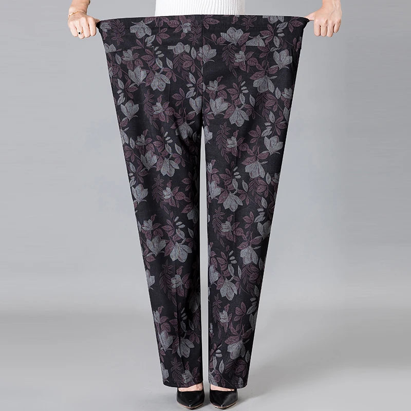 ខោស្ត្រីវ័យកណ្តាលទំហំ ៨XL ៩XL បោះពុម្ពថ្មី ចង្កេះខ្ពស់ ខោធម្មតា ខោនិទាឃរដូវ និងរដូវស្លឹកឈើជ្រុះ ខោត្រង់ ទំហំធំ យាយប៉ា