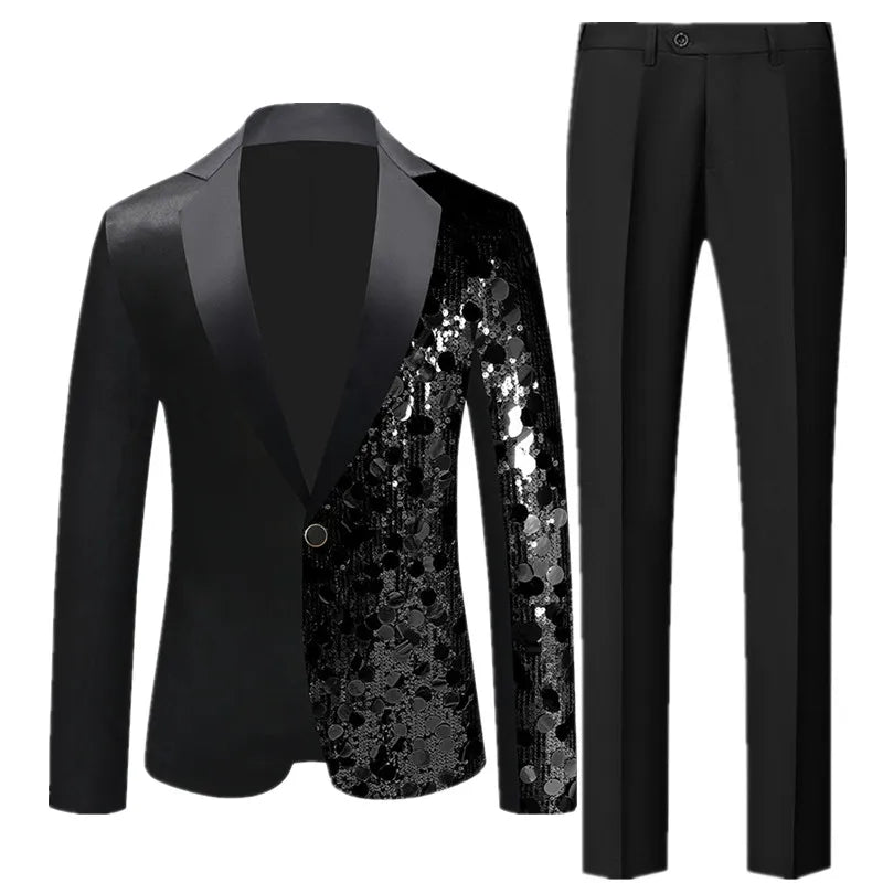 2‌026 Men's Red Sequin Tuxedo Jacket & Red Trousers Set - Stage Performance/Wedding/Party Formal Wear‌