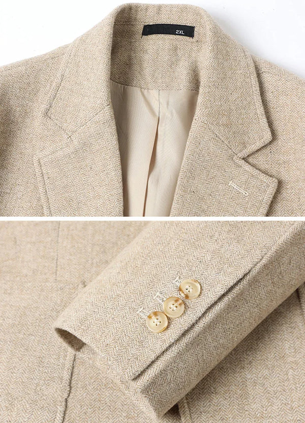 New Spring 2027 Men's Long-Sleeve Blazer—a Slim-fit Jacket in Herringbone Fabric, Available in Gray, Apricot, and Khaki.