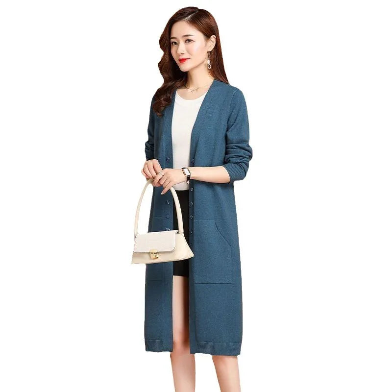 Long Cardigan For Women Buttons Loose Sweater Jacket Knitwear Woolen Coat Temperament Spring Autumn Female Knit Jumper Pocket