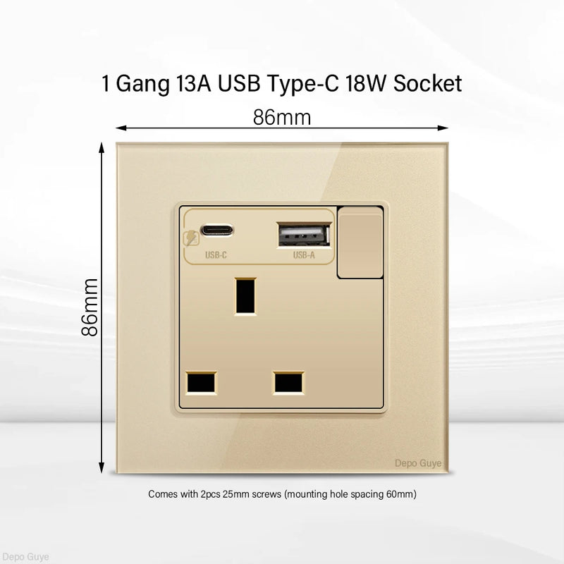 Gold UK 13A Tempered Glass Dual Socket,Universal Power Outlet With USB Type C 18W Quick Charge,Home Light Electric Switch Panel