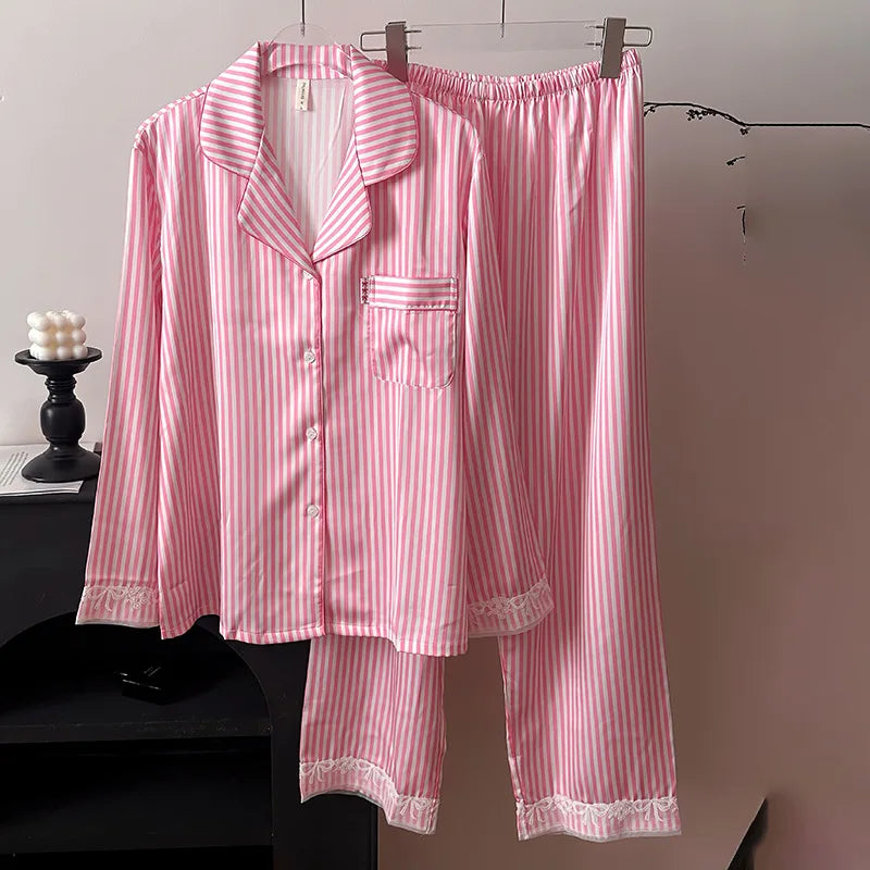Ice Silk Striped Long Sleeve Women's Pajamas Set Nightie Autumn Ladies Two-Piece Set Sleepwear Woman Home Wear Pyjama Femmes