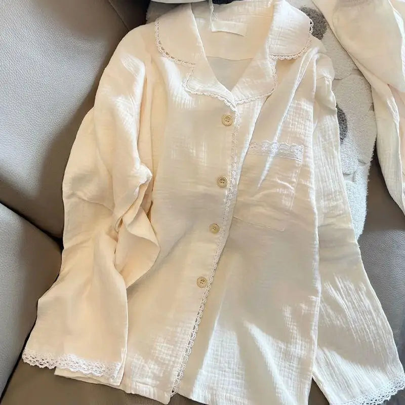 Embroidery Plus Size Home Wear Clothes M-5XL Korean Version Pajamas Women Sleepwear Cotton Yarn Cardigan Long-Sleeved Suit