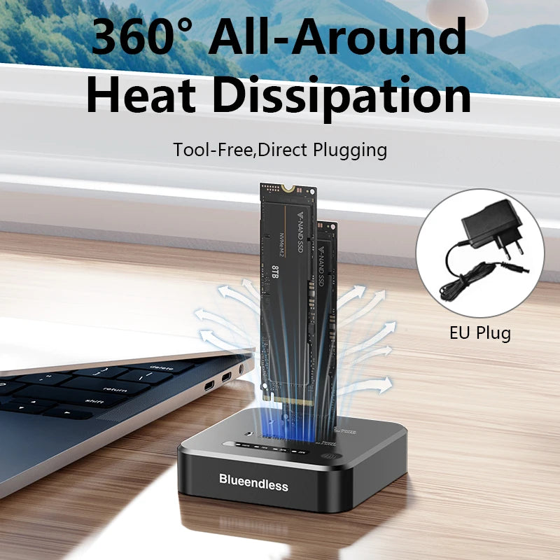 ស្ថានីយ៍ចត SSD M.2 NVMe ក្រៅបណ្តាញ Blueendless ក្លូនពីរច្រក 2Bay M2 NVMe Cloner ប្រភេទ C 10Gbps សម្រាប់ PCIe NVMe SSD Enclosure