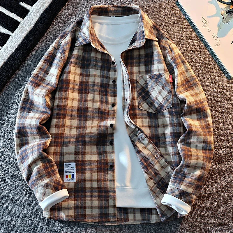 Classic Casual Plaid Overshirt Men Button Front Lapel Single Pocket Long Sleeve Basic Street Layered Fashion Top