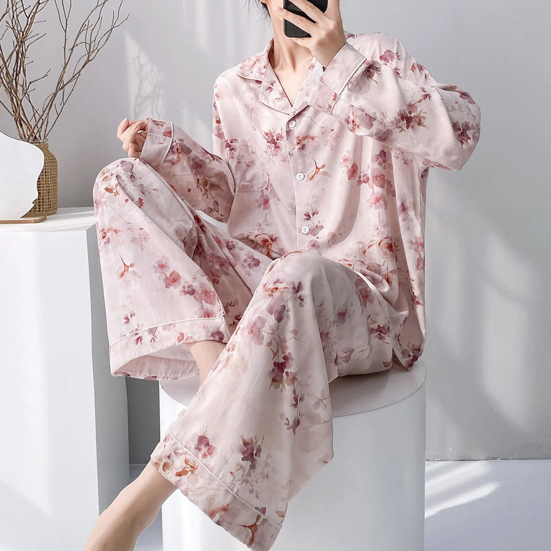Viscose Loungewear 2 Piece Long Sleeve Top Pants Sleepwear Retro Floral Pajama Set For Women Autumn Soft Women's Home Nightwear
