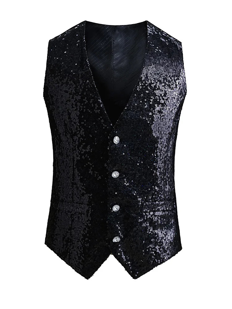 2026 New Men's Red Shiny Sequins Single Breasted Sleeveless Vest, V-Neck Waistcoat Gold Black White Blue Purple Available M-XXXL