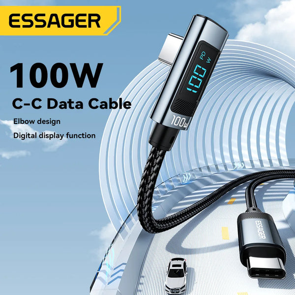 ខ្សែសាក Essager PD100W USB Type C ទៅ USB C 5A ខ្សែសាកលឿន 90° LED ឌីជីថល សម្រាប់ Huawei Xiaomi Samsung MacBook