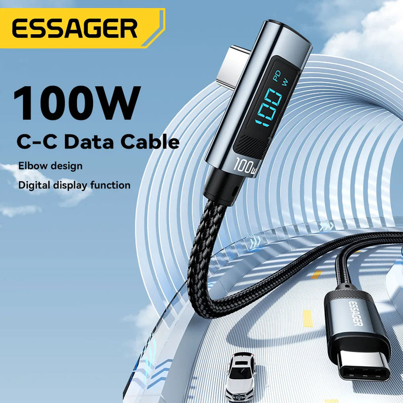 ខ្សែសាក Essager PD100W USB Type C ទៅ USB C 5A ខ្សែសាកលឿន 90° LED ឌីជីថល សម្រាប់ Huawei Xiaomi Samsung MacBook