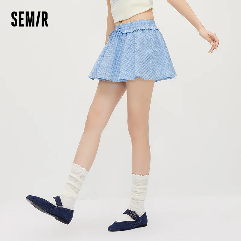 Semir Women Skirt High Waist Plaid Ruffle Trim Fresh Gentle Cute Girlish Mini 2026 Summer Casual Top