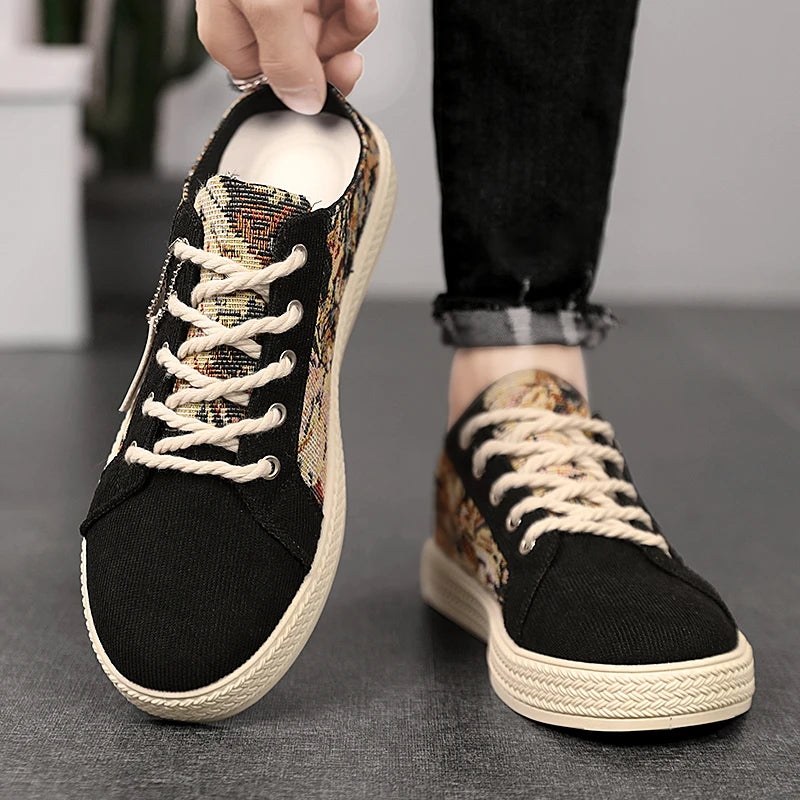 Men's Canvas Slippers Summer New Breathable Outdoor Soft-Sole Casual Slippers Party Sandals Joker Tide Half Slippers Cloth Shoes