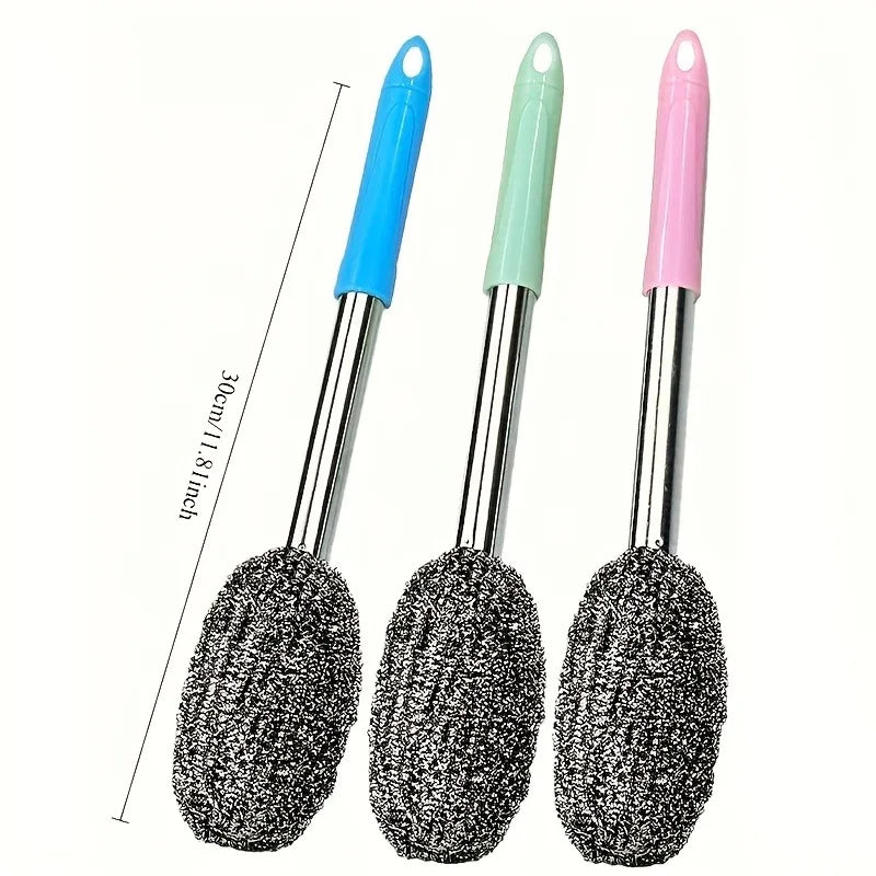 1pc Random Color Stainless Steel Brush, Ergonomic Extended Handle, Durable Easy Clean for Bathroom & Indoor Floors.