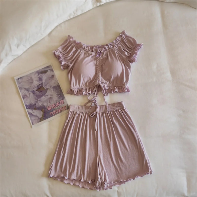 Summer Woman Pajamas Shorts Nightwear Chest Pads Pijama 2 Piece Sets Sleepwear Women's Pajamas Home Suit Pyjamas Female Clothing