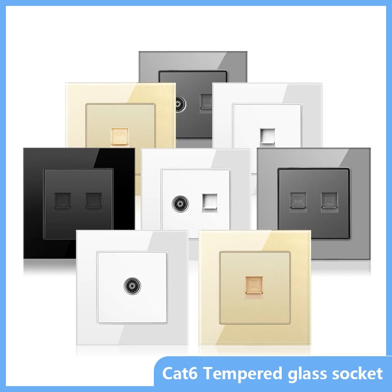 Cat6 Rj45 Wall Socket Network Socket With TV Wall Data Double Socket Telephone Tempered Glass Panel Computer Wall Net Outlet