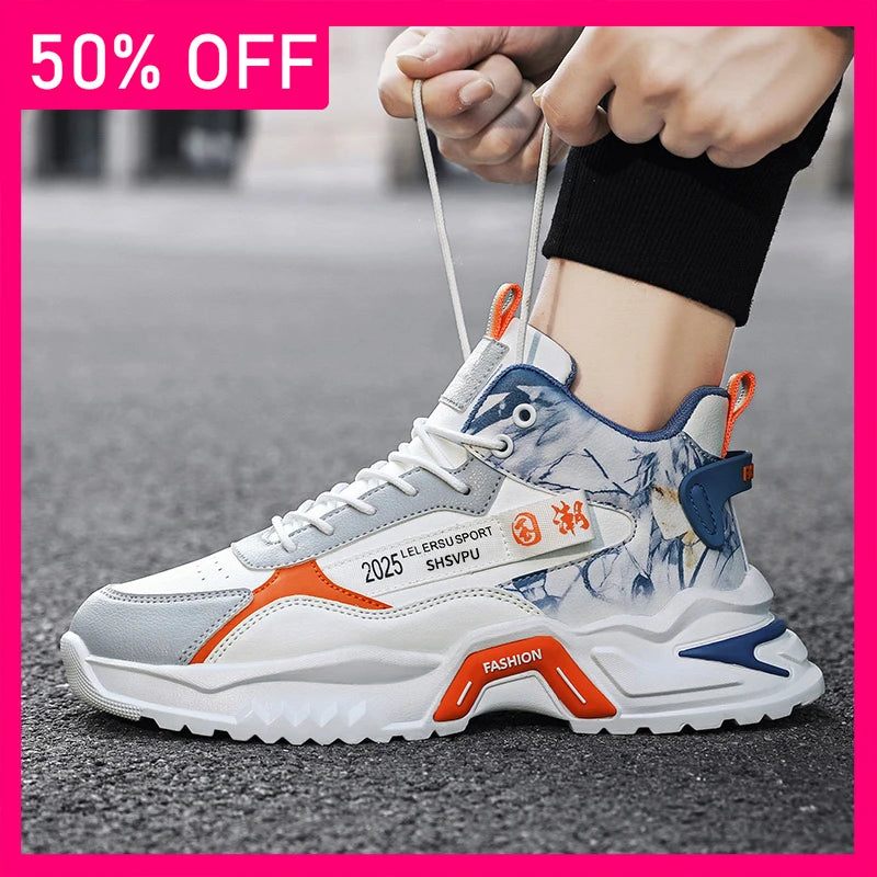 Men Sneakers Fashion Leather Breathable Wear-resistant Outdoor Fitness Shoes Thick Soled Non Slip Comfort Casual Running Shoes