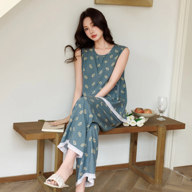 Floral Sleepwear Women's Pajamas Summer 2 Piece Set Night Wear for Ladies Sleeveless Pajamas Female Clothing Pyjama Set Woman