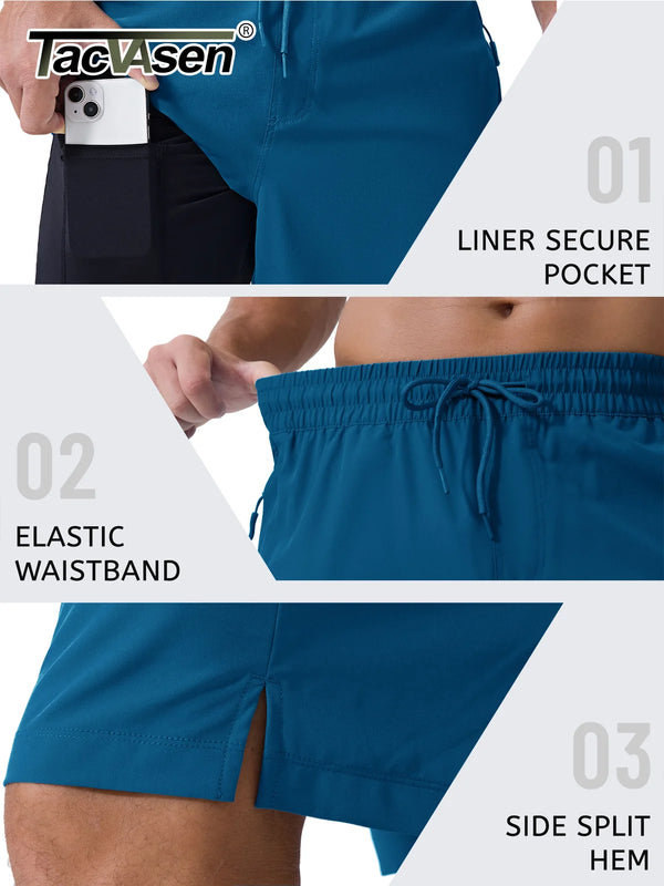 TACVASEN Men's Multi-Pocket Quick Dry Athletic Shorts Lightweight Swim Trunks with Compression Liner Side Split Hem Board Shorts
