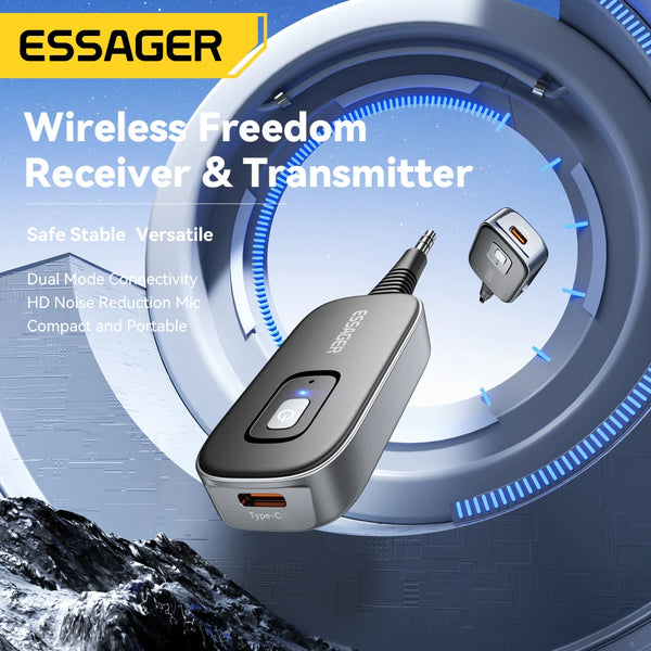 ឧបករណ៍ទទួលសំឡេងប៊្លូធូស Essager 2-in-1 ឧបករណ៍បញ្ជូនសំឡេងឥតខ្សែប៊្លូធូស 5.1 3.5mm AUX Audio Adapter សម្រាប់កាសស្តាប់ទូរទស្សន៍រថយន្ត