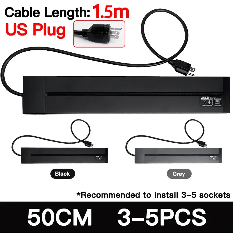 Multistandard Wall Power Track (40cm 50cm), USB-C Enabled Electric Sockets Plugs Adapters Grey Black for Office Use